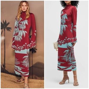 NWT Johanna Ortiz Dense Foliage-print Mock-neck Open-back Midi Dress 8